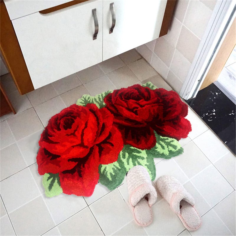 ABREEZE Red Rose Carpet Floral Mat Fluffy Rug Anti-Slip Modern Carpet Washable Rug for Bedroom/Sofa/Bathroom/Kitchen (2 Roses, Red) - Image 4